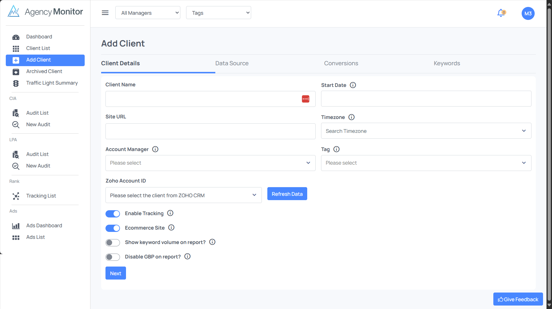 Adding a Client - Agency Monitor